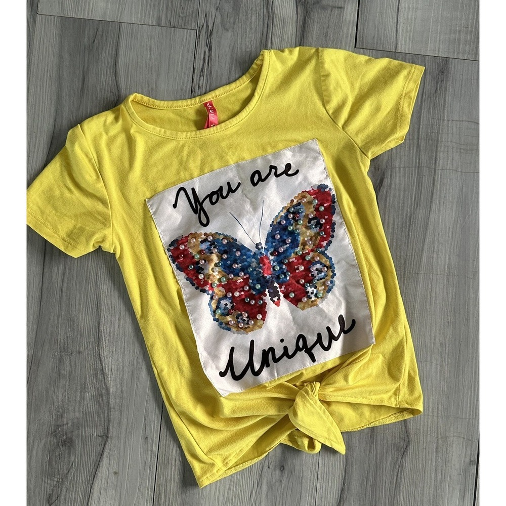 Girl's Top You Are Unique Butterfly Sz S Bright Yellow Beaded‎ Tie Front Kidcore
